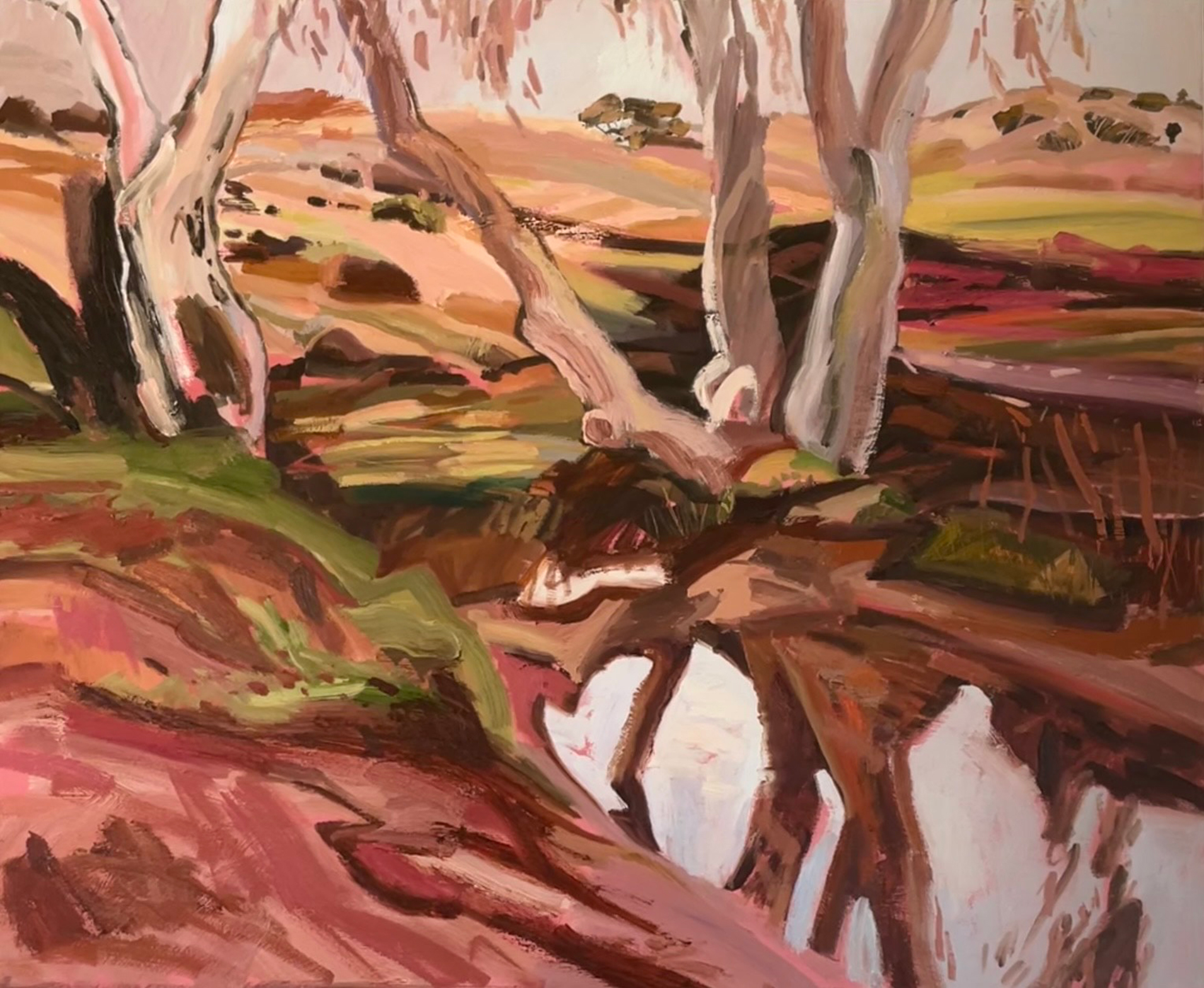 A landscape painting of a red earthed rural landscape with a tree reflected in water.