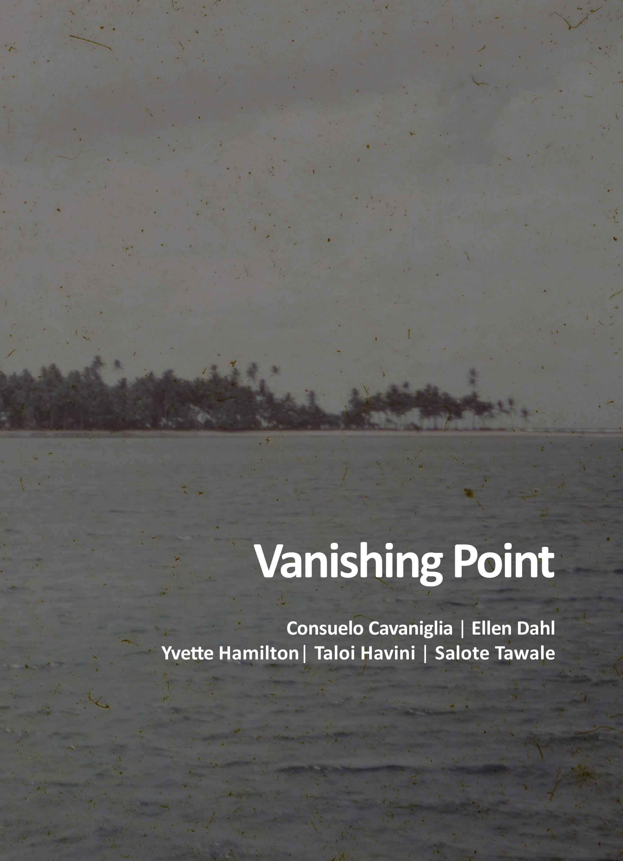 The cover of an exhibition catalogue featuring a grainy black and white photograph looking across a body of water to a headland. The exhibition title 