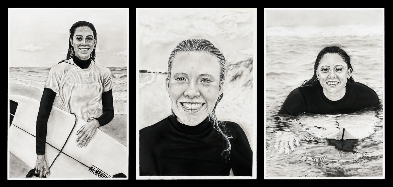 Three charcoal portraits for surfer girls at the beach.