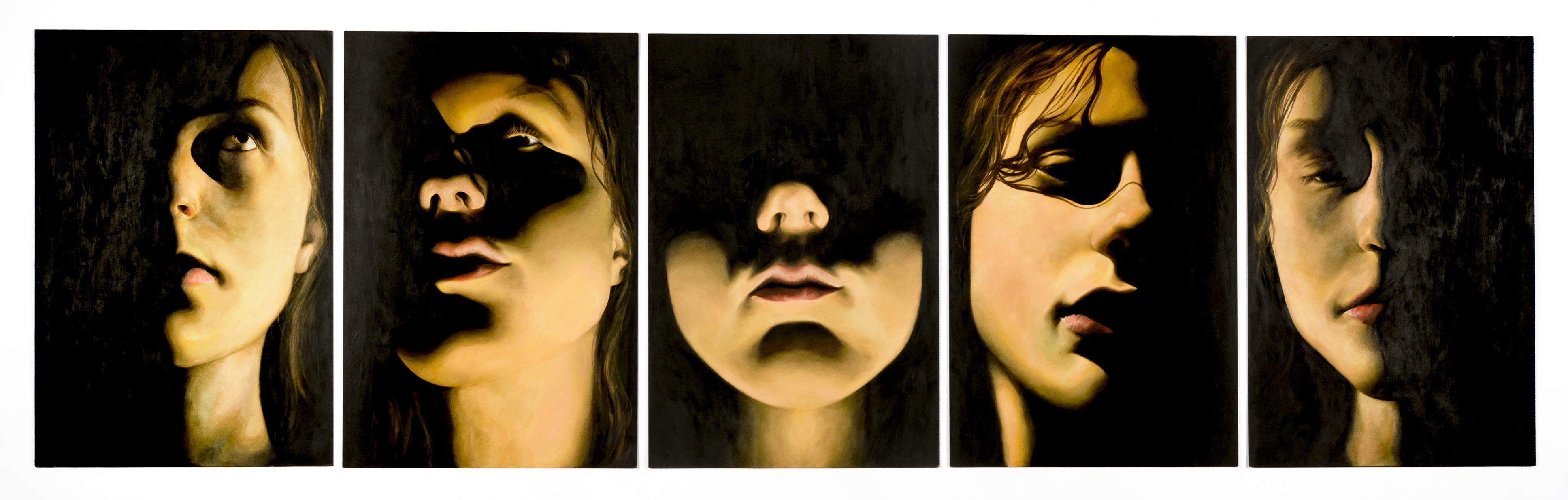 A series of five realistic looking portraits with faces in deep shadow.