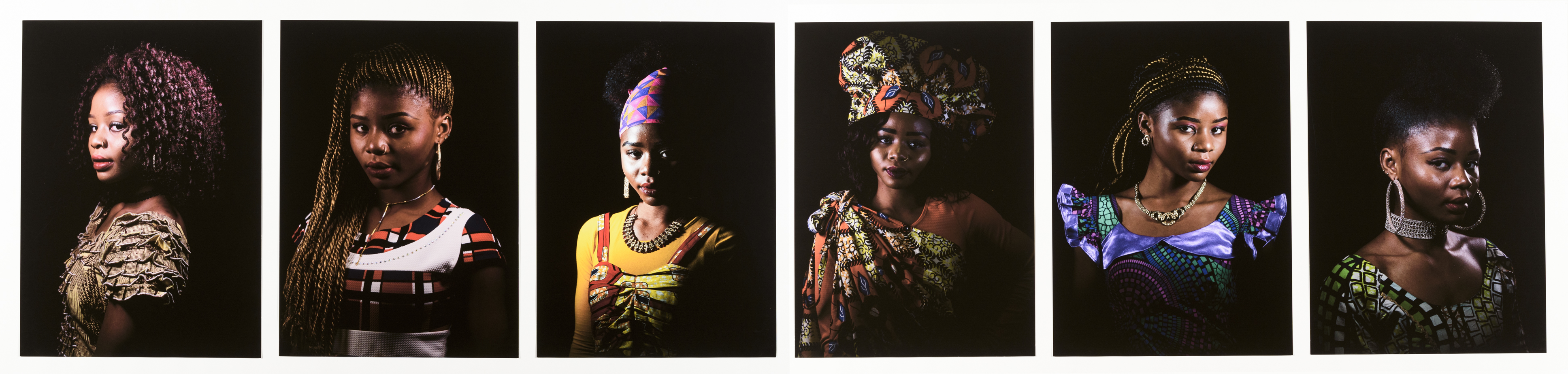 Six photographic portraits of Arfican women with elaborately styled hair.
