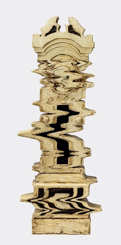 A sculpture of a grandfather clock that has been distorted.