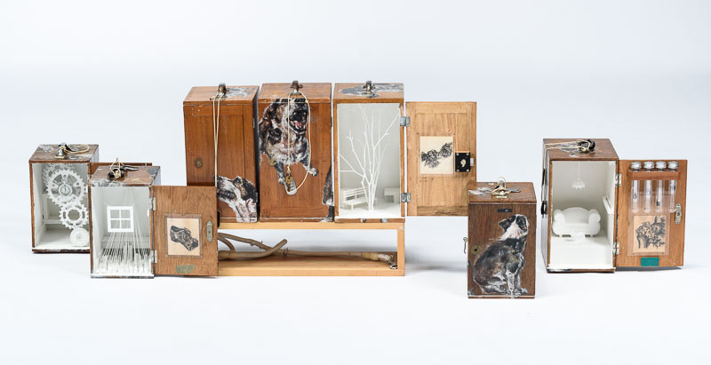 An assemblage of small boxes, some featuing all white dioramas and others closed with pictures of a dog painted on their exteriors.