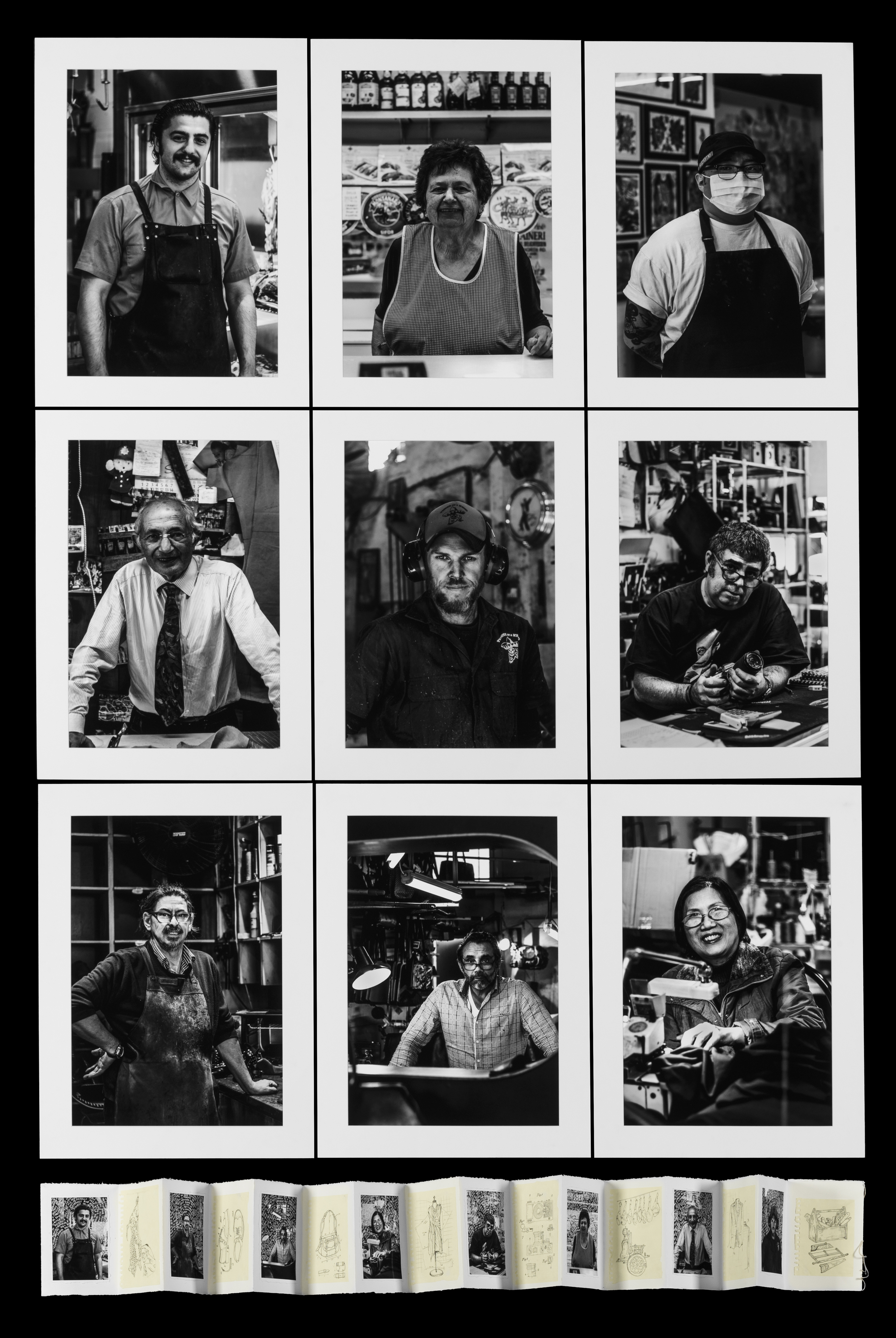 A grid of nine black and white photographic portraits of people.