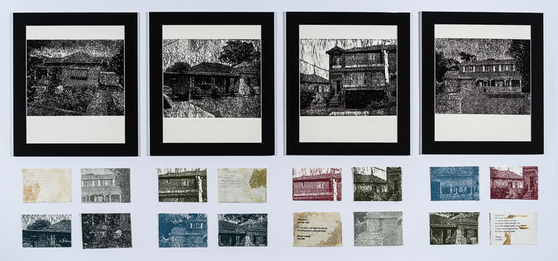 Four large black and white lino prints of different houses, each is accompanied by a collection of smaller coloured lino prints.