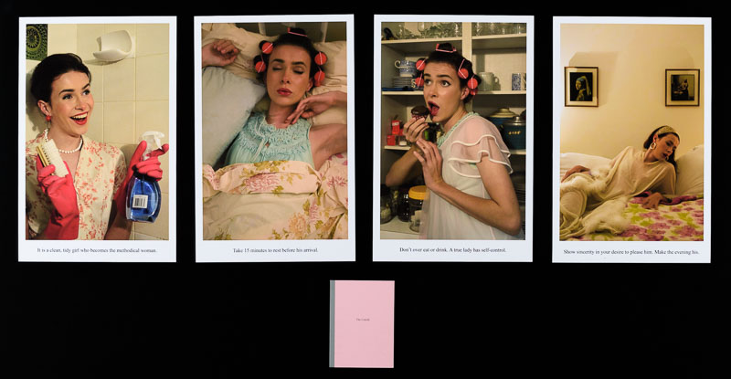 Four photographs of a female subject dressed in the syle of and performing traditional gender roles.