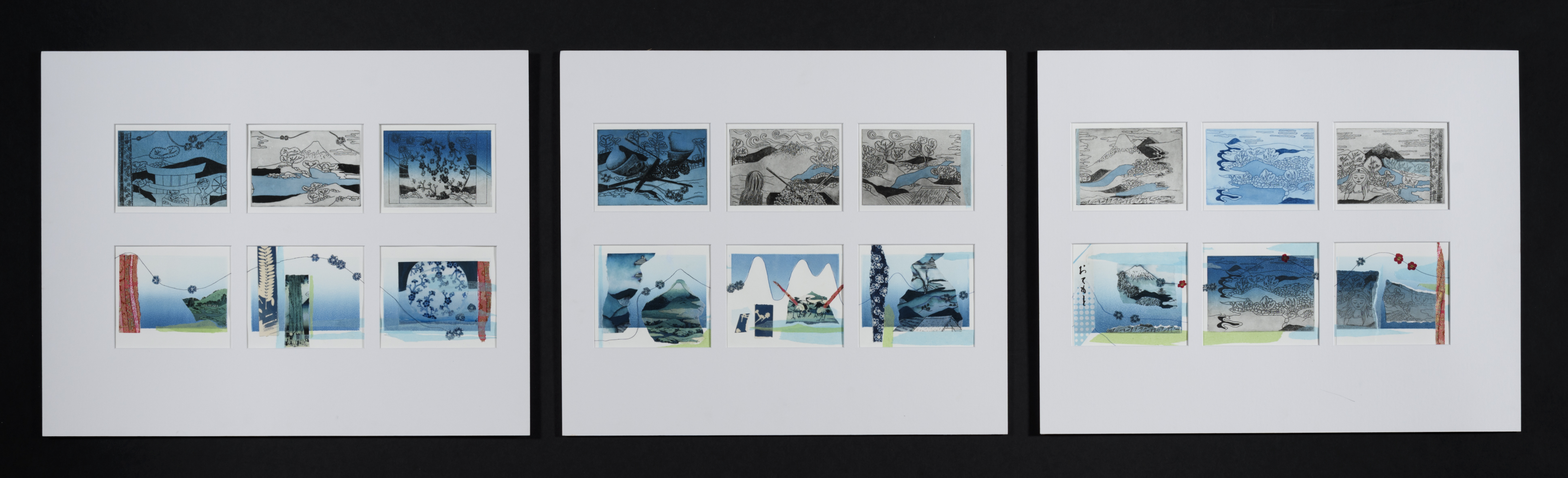 Three panels, each featuring six small etching and collage works with a Japanese influence. 