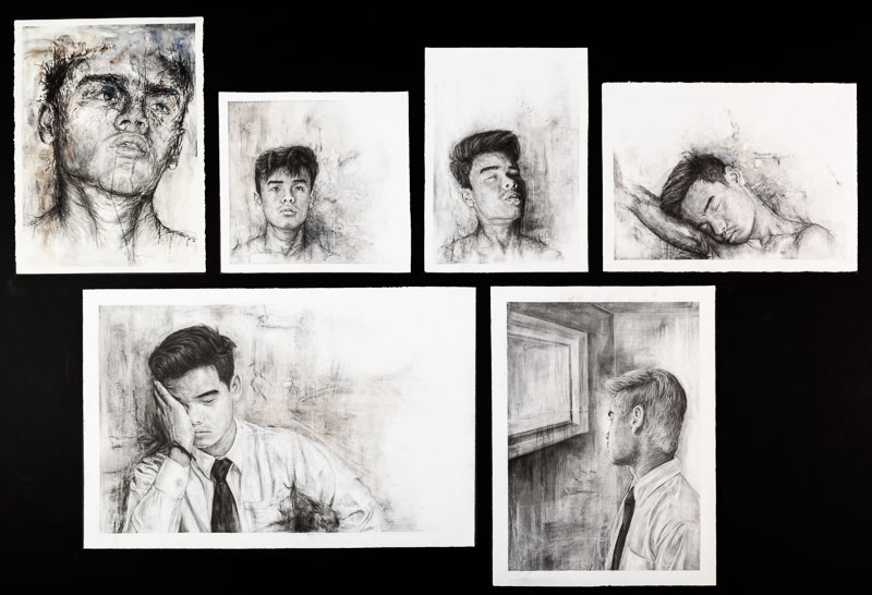 Six charcoal self-portraits.