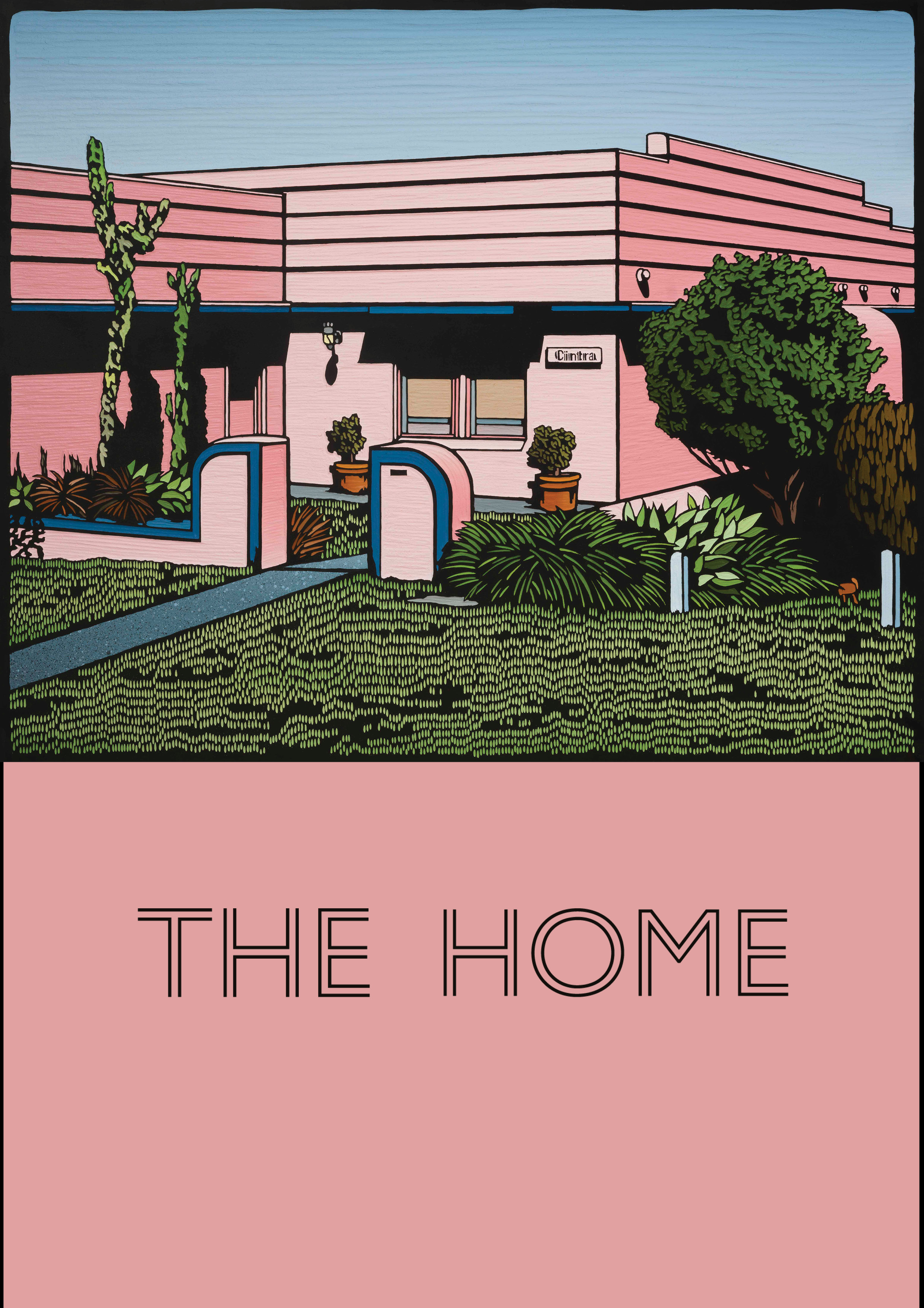 The cover of an exhibition catalogue featuring a work by artist Christopher Zanko. The work is a painted wood carving depicting an art deco home that is a light pink colour, the lawn infront of the house is a deep green colour and there is a tree to the right of the house and a cactus to the left, the sky is blue. The lowed half of the page is the same pink as the house and features the exhibition title 'The Home' in all capital lerrers in an art deco style text with heavy black line.