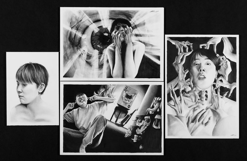 Four graphite pencil drawings that convey a person experiencing the senses of sight, touch and sound in an extremee way.